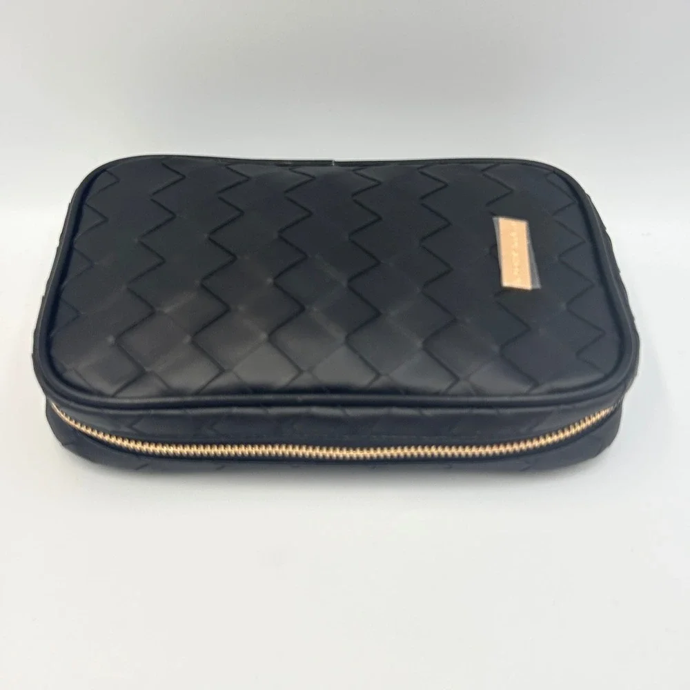 Kevyn Aucoin Woven Makeup Bag Black Faux Leather Travel Case Gold Hardware NEW
